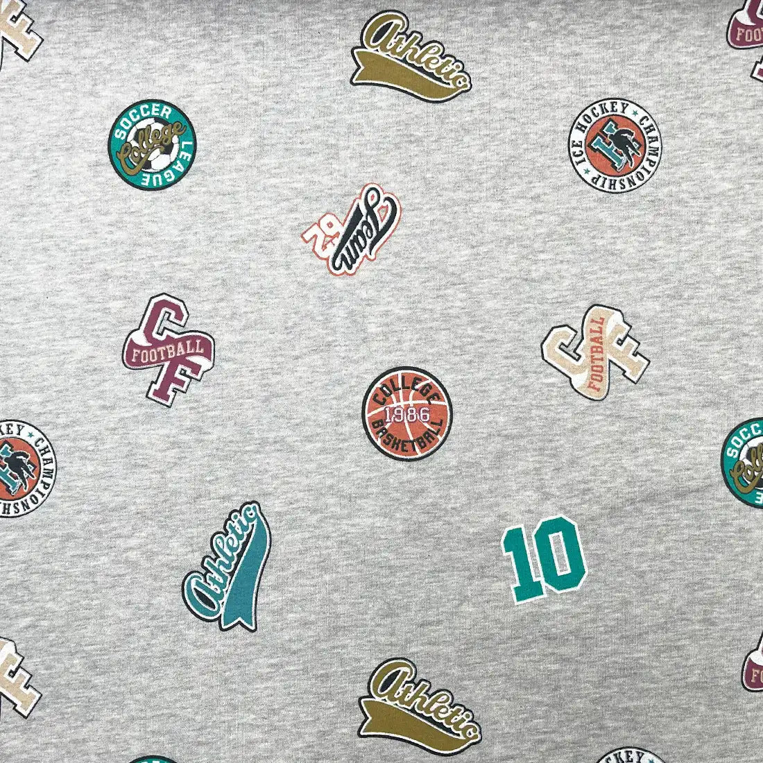 Tissu Sweat Molleton Gris Motifs Sport College