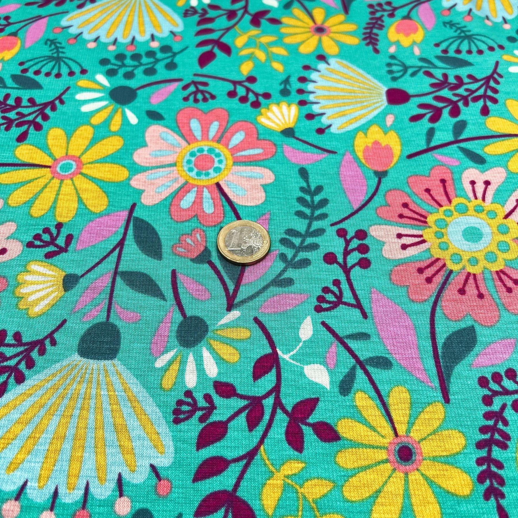 Tissu Jersey doublé avec du Minky fleurs turquoise