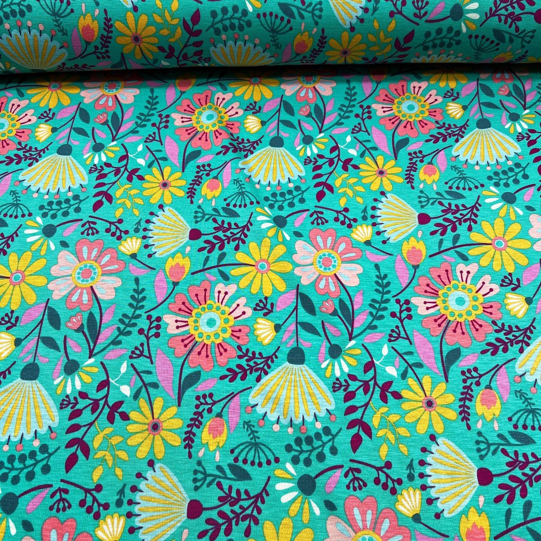 Tissu Jersey doublé avec du Minky fleurs turquoise