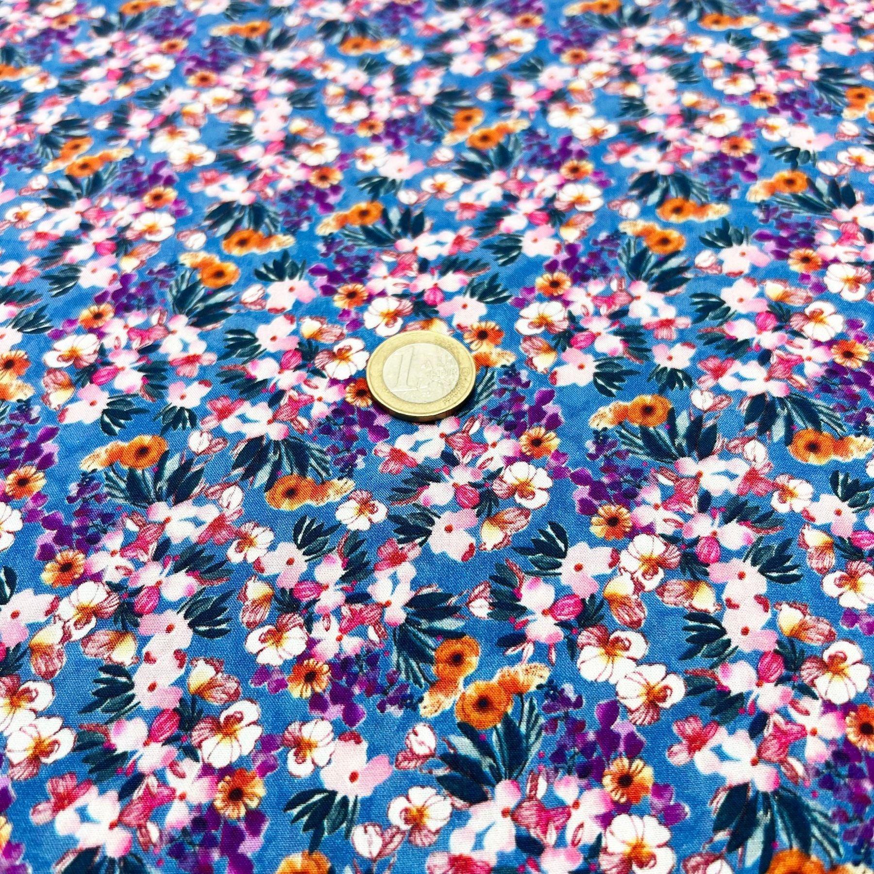 Tissu viscose petite fleurs fond bleu