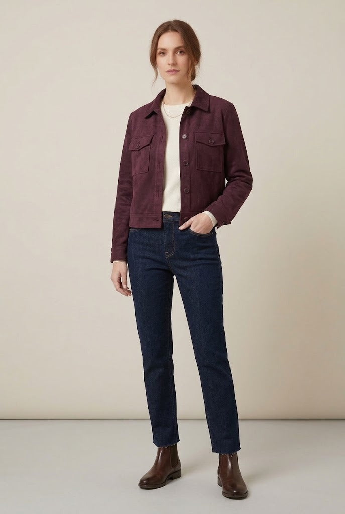 Veste surchemise en suédine stretch bordeaux
