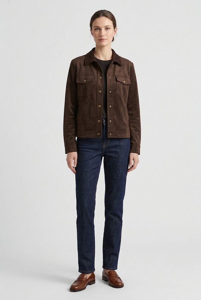 Veste surchemise en suédine stretch brun chocolat