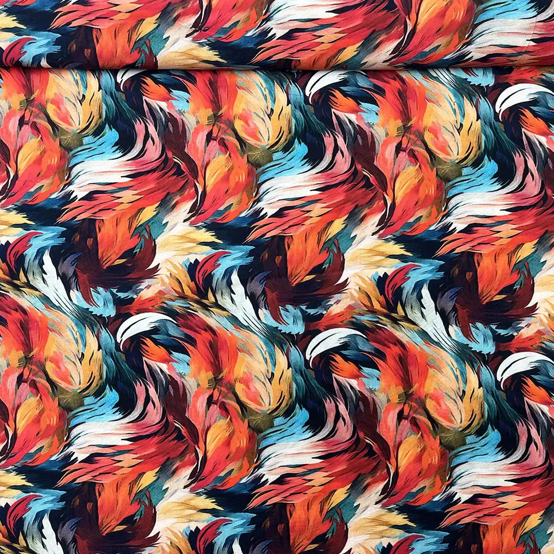 Viscose Plumes Flamboyantes Rouge Carmin et Bleu Pétrole